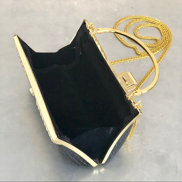 Black & Gold Croc Print Evening Bag - Picture 6 of 11